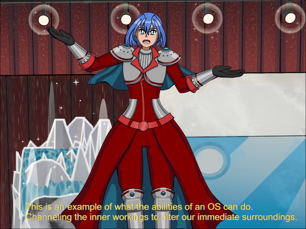 Image Description: An illustration of Valencia on stage, standing near the top of a holographic cliff and waterfall she created while she poses. The caption reads 'This is an example of what the abilities of an OS can do. Channeling the inner workings to alter our immediate surroundings.'