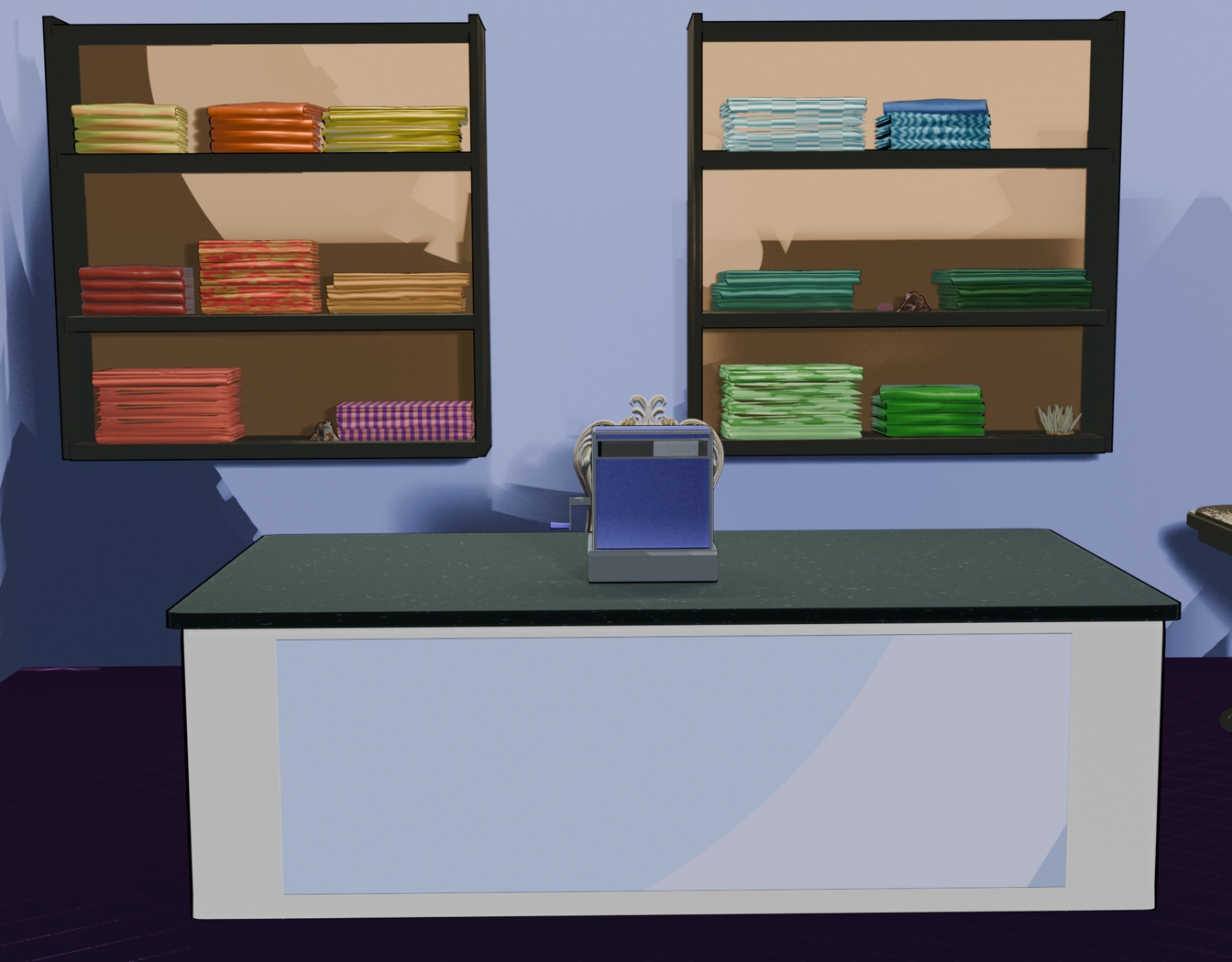 Image description: A 3D render of a desk. The body of the desk is white and it has a sleek top that is black with a gold, blue and purple terrazzo pattern. The desk has a glass panel in the front where items would be displayed behind it, but it has an opaque stylized gradient. There is a cash register on the desk. On the wall behind the desk are shelves with a display of fabric samples with scattered crystals. The shelves are made from a dark wood with brighter orange interiors to draw the eye towards the items.
