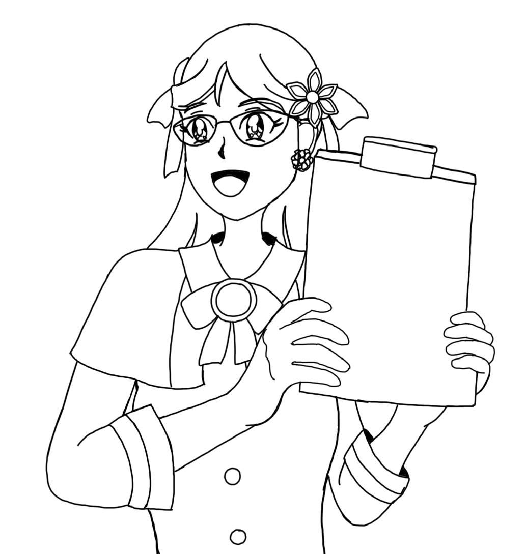 Image Description: A black and white line-art sketch of Olympia. It is a mid-level portrait and shows Olympia cheerfully holding a clipboard full of notes in front of her. She wears glasses, has long bangs and the sides of her hair pinned back and wears DECtape hub-shaped flower pins in her hair with ribbons. She wears a shawl with a bow and round brooch over her outfit which includes a shirt with medium-length sleeves and buttons.
