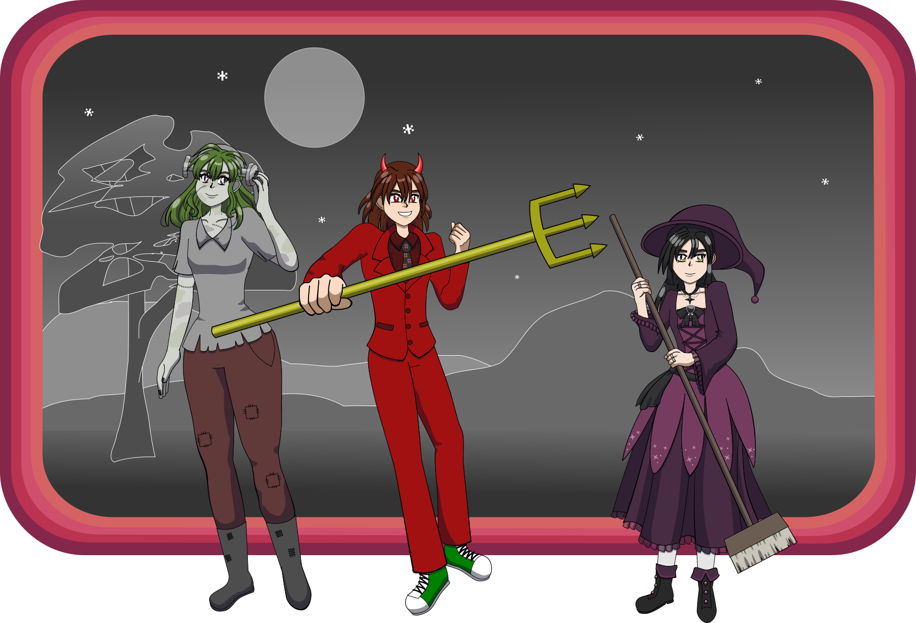 Image Description: An illustration of Piroska, Damien and Juna in Halloween costumes. Piroska is dressed like Frankenstein's monster, Damien is dressed like a devil in a suit with green sneakers with a gold trident based on the BSD Daemon mascot. Juna is dressed in a fancy purple witch outfit.