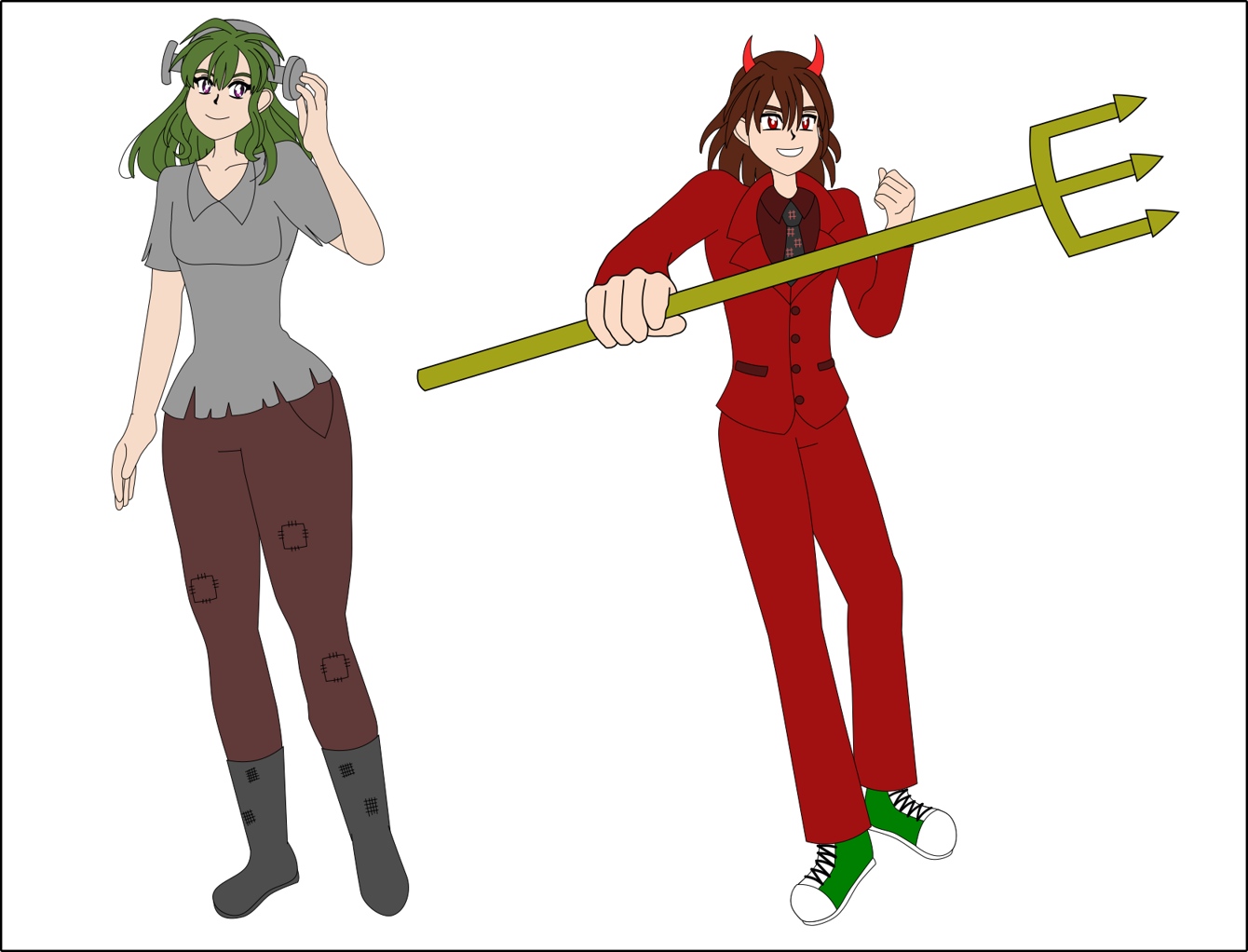 Image Description: An unshaded vector illustration of Piroska (left) and Damien (right); Piroska is dressed like Frankenstein's Monster and Damien is dressed like a devil in a suit with green sneakers. Damien's costume is based on the BSD Daemon. He is also holding a golden trident.