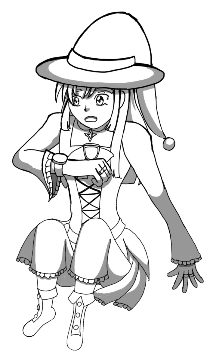 Image Description: A black and white drawing of Juna. She is dressed as a witch and is seated on the ground, with the camera at a high angle above her. She is talking into the communication device on her wrist.