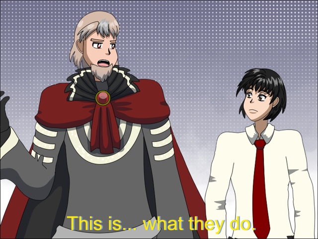 Image Description: Gerald and Damien standing next to each other. Gerald is about a foot taller or around 30 cm taller than Damien, and is telling Damien 'This is what they do' with a deadpan expression.