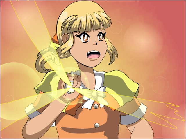 Image Description: Etta holding the brooch from her dress. Her brooch is glowing.