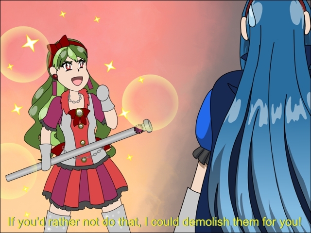 Image Description: Illustration of Piroska eagerly volunteering to fight. Priita is seen from the back view with a sweat drop on the back of her head. There is a subtitle of Piroska saying 'If you'd rather not do that, I could demolish them for you!'