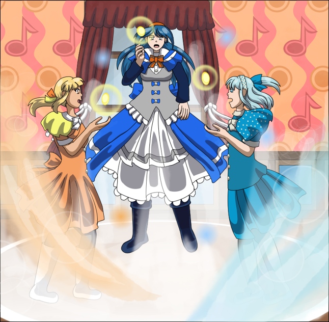 Image Description: Illustration of Etta, Priita and Piper being surrounded by a magic circle as magical energy flows from it. The image is of a larger resolution than usual to show the full-body outfits of the characters.
