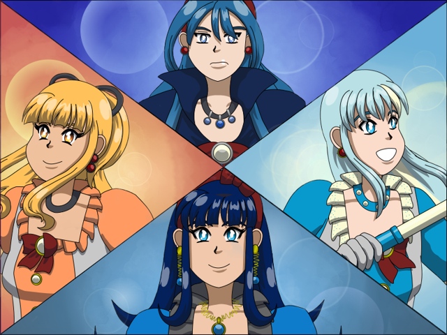 Image Description: A split-screen close-up showing Piper's, Piritta's, Etta's and Polyxena's 'magical girl' forms
