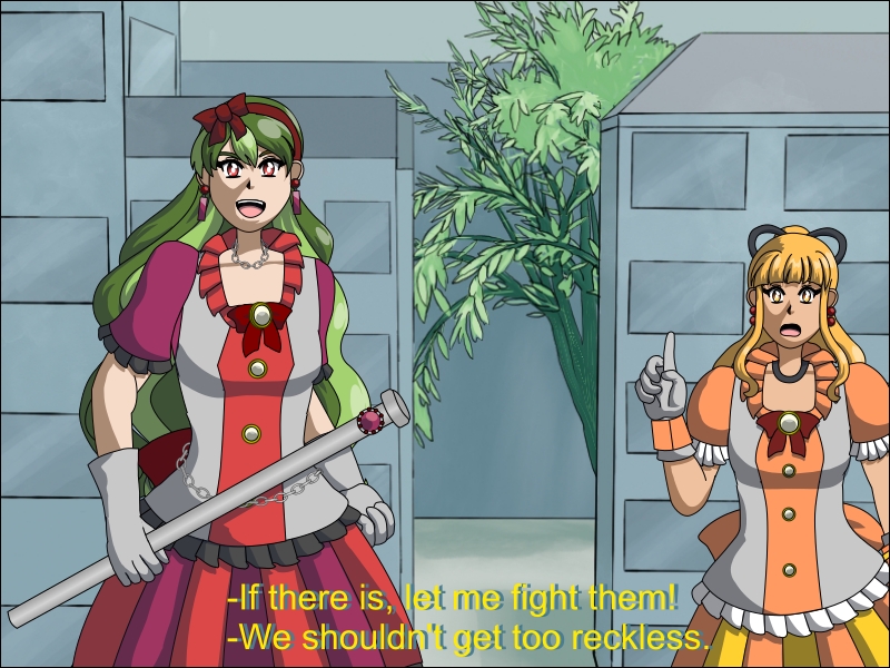 Image Description: An illustration showing Piroska and Etta in their magical girl-style outfits standing in front of a cityscape. Piroska is further in the foreground and looks confident and says 'If there is, let me fight them!'. Etta is some steps behind her and looks more cautious and says 'We shouldn't get too reckless.'