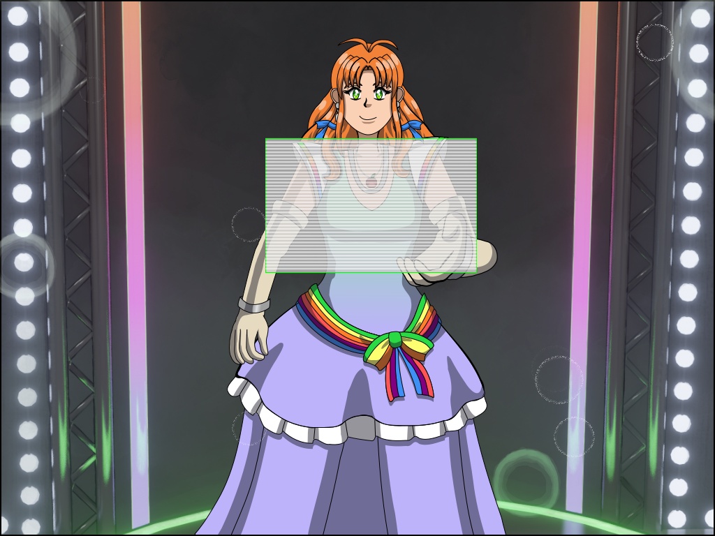 Image Description: Diana in an idol-inspired outfit. She is wearing a teal and light blue two-layered dress with white lace and sleeves; her sleeves have a rainbow gradient stripe on them in the Apple logo rainbow colors, and the sash on her dress has six stripes in the order of the old Apple logo rainbow colors. She is standing on a sci-fi inspired stage with neon lighting effects, and she is holding a blank holographic screen with her left hand