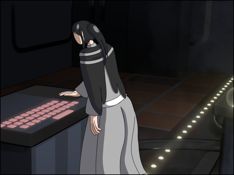 Image Description: Juna standing in front of the console, putting her hand on it. This angle shows the row of lights on the floor to the left of the initiation pod, a pipe that connects to it, and a glimpse of the pod itself