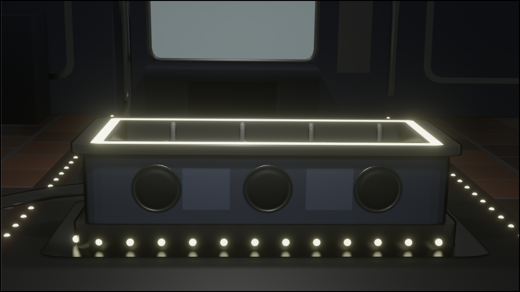 Image Description: A 3D render of the pod in the middle of the room. The lights around the rim of it and around the bottom of the pod are glowing. A row of lights on each side also illuminate the floor. The room is faintly lit aside from these lights, but a large screen is on the background, illuminating the tabletop in front of it and a pipe to the side. The room has a sci-fi look to it
