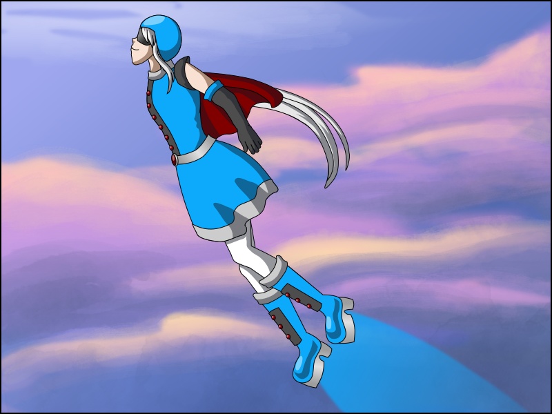 Image Description: Alastriona flying through a sunset sky.
