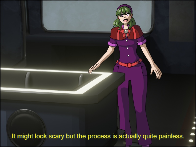 Image Description: Piroska is standing behind a sci fi-looking pod that has lights on it. She says 'It might look scary but the process is actually quite painless' with a cheerful expression.