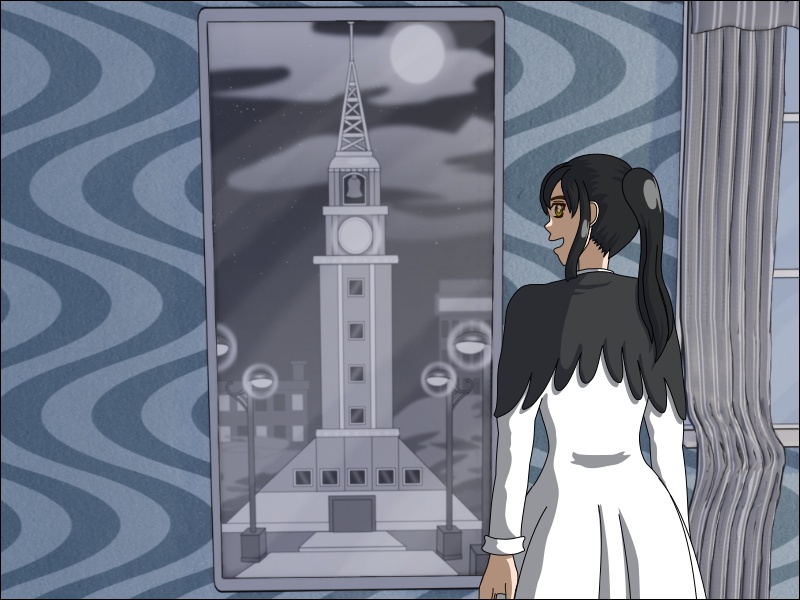 Image description: Juna stands in front of a large framed photo of one of The Bell Tower's iconic buildings