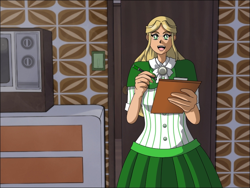 Image description: Olympia stands in front of the camera. She is smiling and holding a clipboard with her left hand, and a pen in her right hand.