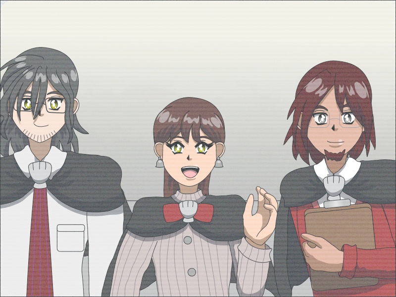 Image description: An illustration showing Pilib, Merete and Colby standing next to each other, with a filter that looks like they're in a recording from an old screen