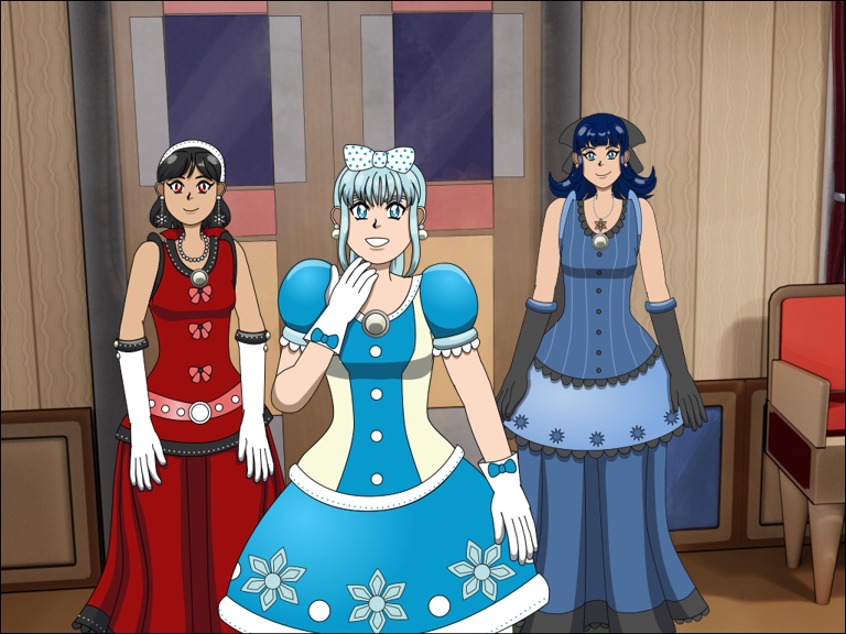 Image description: An illustration of Piper (in the foreground), Phuong and Polyxena (in the background). They are dressed in gowns and are in front of the team headquarters lobby.