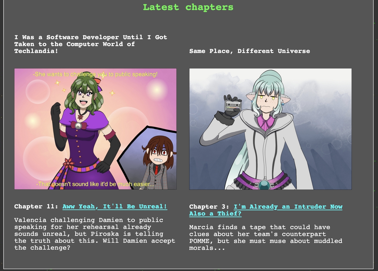 Image Description: A screenshot of the Operating Superstars project site from 31 Jul 2025 of the 'Latest chapters; section which features the titles of two ongoing stories, an illustration from each of them, the chapter title and a brief synopsis. It showcases chapter 11 of 'I Was a Software Developer...' and chapter 3 of 'Same Place, Different Universe'