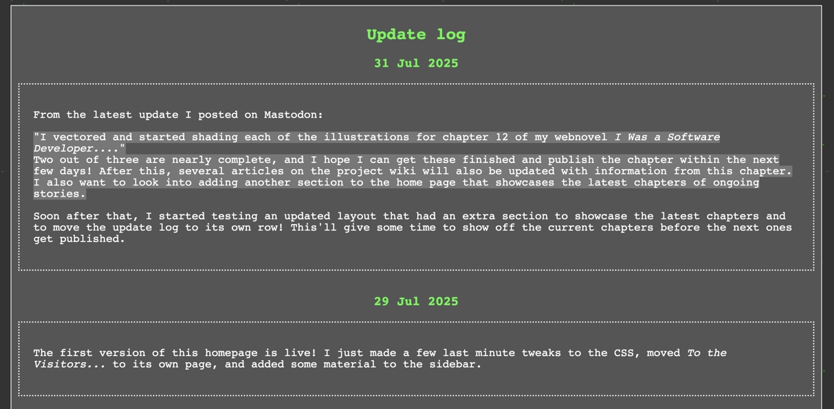 Image Description: A screenshot of the Operating Superstars project site from 31 Jul 2025 of the 'Update log' with an entry which shows that this section was moved to its own row in the layout.