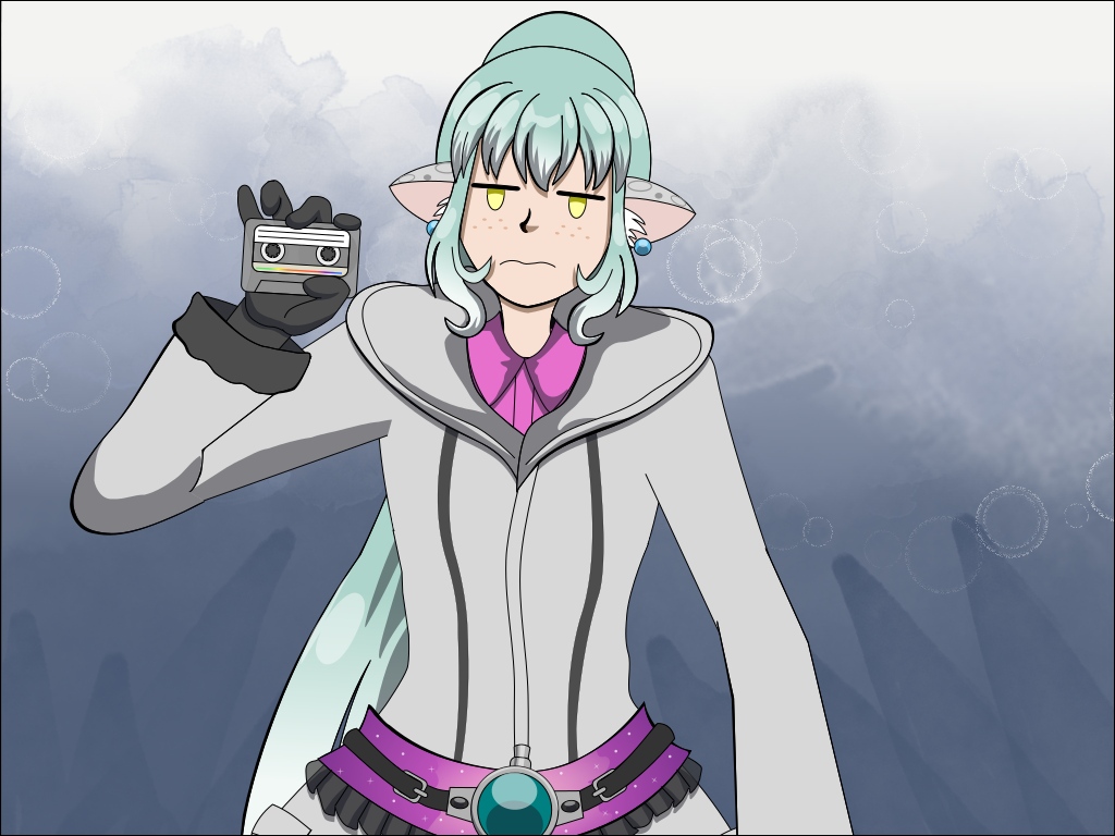Image Description: An illustration of Marcia looking displeased while she holds a cassette tape. She looks annoyed while she holds a cassette tape in one hand. She is wearing a pink blouse under a large silver hooded jacket with black cuffs, black gloves, and a pair of dark gray stripes along the front. Her jacket has a pink and purple galaxy patterned sash with a large clock-shaped brooch with a turquoise gem in the middle and a narrow black belt with metal buckles holds the brooch to the sash; her jacket that she wears for stealth missions is inspired by Ezio's outfit in Assassin’s Creed II