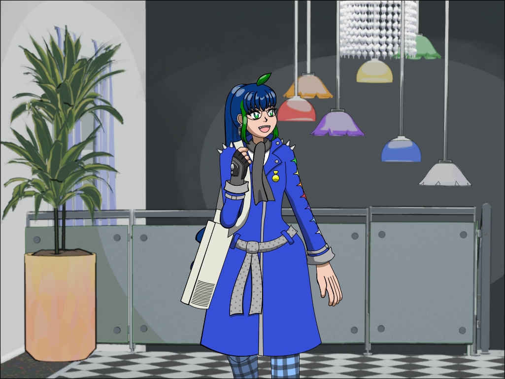 Image Description: A mid-level shot of Pleiades cheerfully talking to Marcia who is off-screen. She is standing near a glass and metal stair rail. The black and white checkerboard floor and rainbow terrazzo can be seen; closer in the background is a potted plant. Further back is a dark gray accent wall with a chandelier with 7 lights with covers in the colors of the old Apple logo rainbow plus white, with a crystal layer in the middle. Pleiades is wearing a blue trench coat with a gray polka-dotted belt, spikes on the shoulders, a gray scarf, a pattern of 7 stars along the left sleeve with gray cuffs, and is wearing blue and black plaid trousers