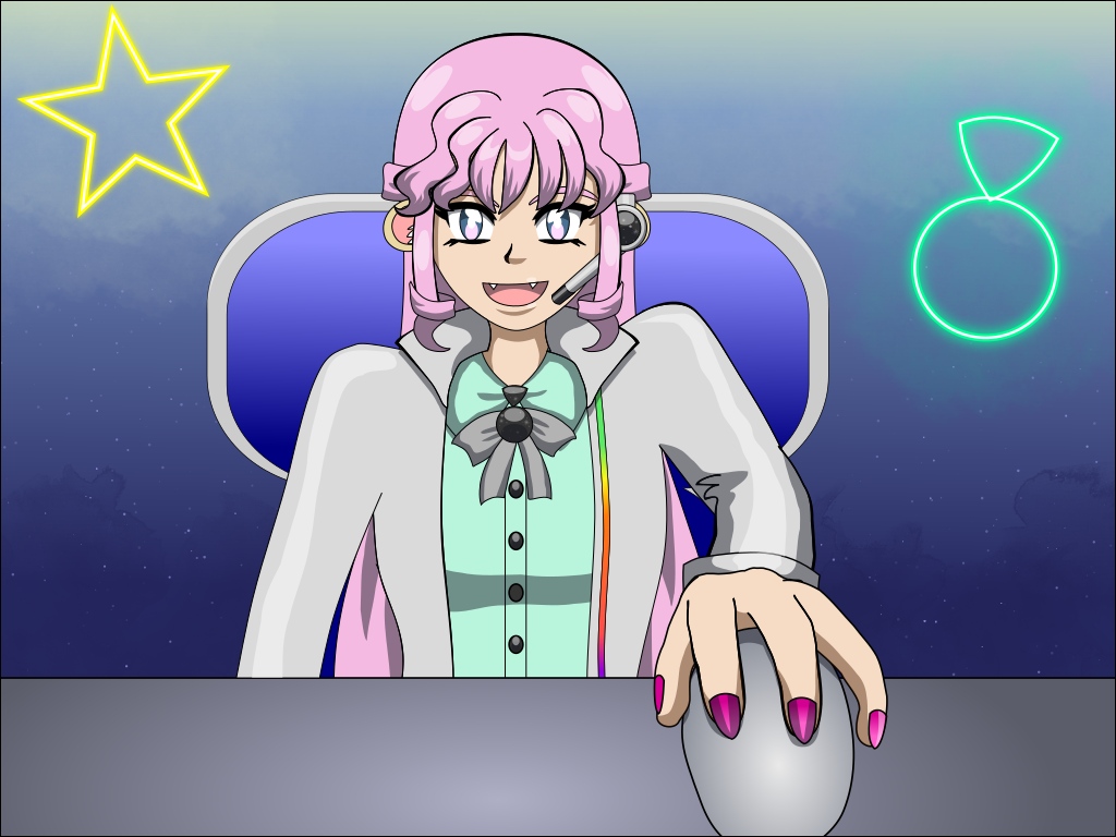 Image Description: An illustration of Regina starting a gaming session; she is seated in a gaming chair with a light above her. She changed her hair to pink and lengthened it, and wears a mint green mini-dress with a silver jacket, a gray bow, and a sparkling black CC insignia brooch. She has a headpiece in her left ear and is holding a computer mouse in her left hand