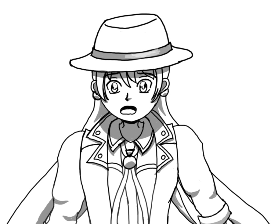 A mid-body black and white line art sketch of Kiah with a worried expression. She has long hair that fans out on both sides, has peaked bangs (the peaks are hidden under her hat), and is wearing a cowboy hat, a cowboy shirt with a bolo tie, with a vest. Her bolo tie has a Chariots of Colors insignia brooch holding it together.