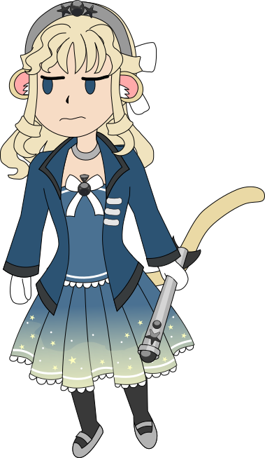 Image Description: A chibi vector drawing of Regina looking displeased. She is wearing a blue dress with a blue to yellow gradient skirt that has a star pattern on it with black tights, silver dress shoes, white lace and gloves, a white bow with a black brooch, silver headband with black gems, and a blue jacket with black trim on the sleeves and collar. In her left hand she is holding a wand fashioned from a pipe, customized to resemble a rocket due to the original Launchpad icon.