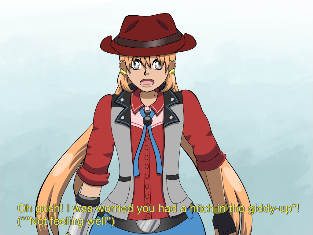 Image Description: A mid-level shot of Kiah looking worried. The caption at the bottom reads 'Oh gosh! I was worried you had a hitch in the giddy-up*!' With a note below it that reads '(*'Not feeling well')