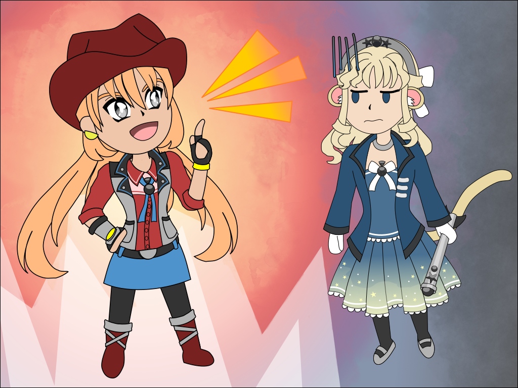 Image Description: A chibi-style illustration of Kiah and Regina. Kiah is to the left and Regina is to the right. Kiah is loudly and confidently boasting while Regina stands near her and looks annoyed.