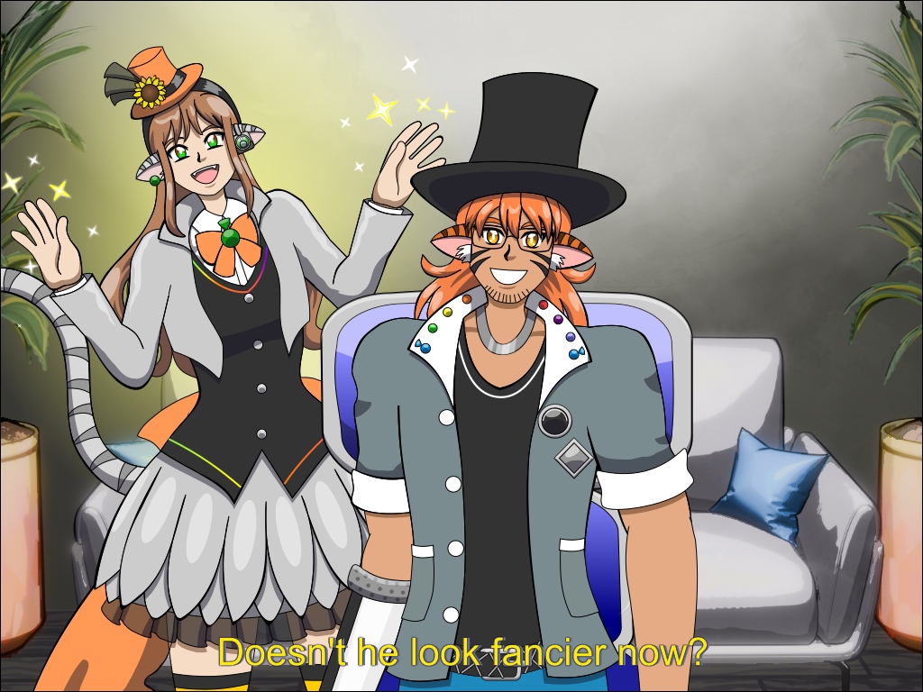 Image Description: Terrell grinning at the camera while he had a top hat placed on him. He is still wearing his usual outfit which is much more casual and he is seated in a gaming chair or office chair. Mi-ho is standing behind him, dressed in her stage magician performer outfit which has a silver jacket with a white shirt, green brooch, black vest, silver sunflower-shaped skirt, long black boots with yellow straps, an orange top hat with a black headband, black ribbon and yellow sunflower brooch. She is posing and waved her hands in a gesture for a magic trick. She and Terrell are in the recording room and the back wall is in the background. The caption at the bottom of the image reads 'Doesn't he look fancier now?'