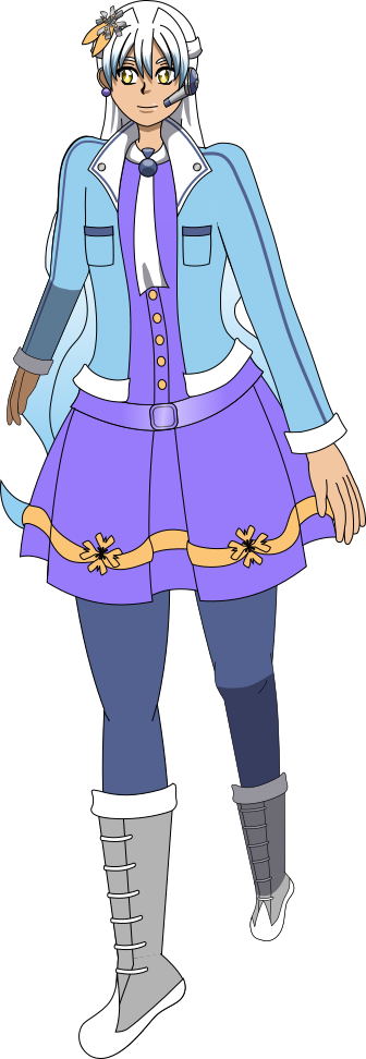Image Description: Image Description: A vector drawing of Clarkia (aka: Sierra); she has long wavy hair with a white to blue gradient, has gold eyes and is wearing a purple minidress with a blue and white jacket. Her dress has an orange ribbon layer near the hem with orange clarkia flower motifs pinned to it. She has a metal clarkia flower hairpin with an orange ribbon on the right side of her head, and an earpiece on the left side of her head. She wears dark blue leggings with gray and white boots. The drawing is partially shaded.