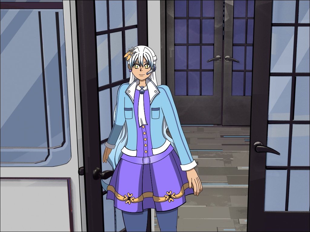 Image Description: An illustration of Clarkia entering the cafeteria. The cafeteria entrance has a pair of gray doors, and on both sides are rounded windows. The opening of the door shows a glimpse of the hallway, and a wall that has several windows facing the courtyard side. Clarkia has long wavy hair with a white to sky blue gradient, has gold eyes, is wearing a purple minidress with orange trim and a white scarf and dark blue leggings. Over her dress, she wears a sky blue and white jacket.