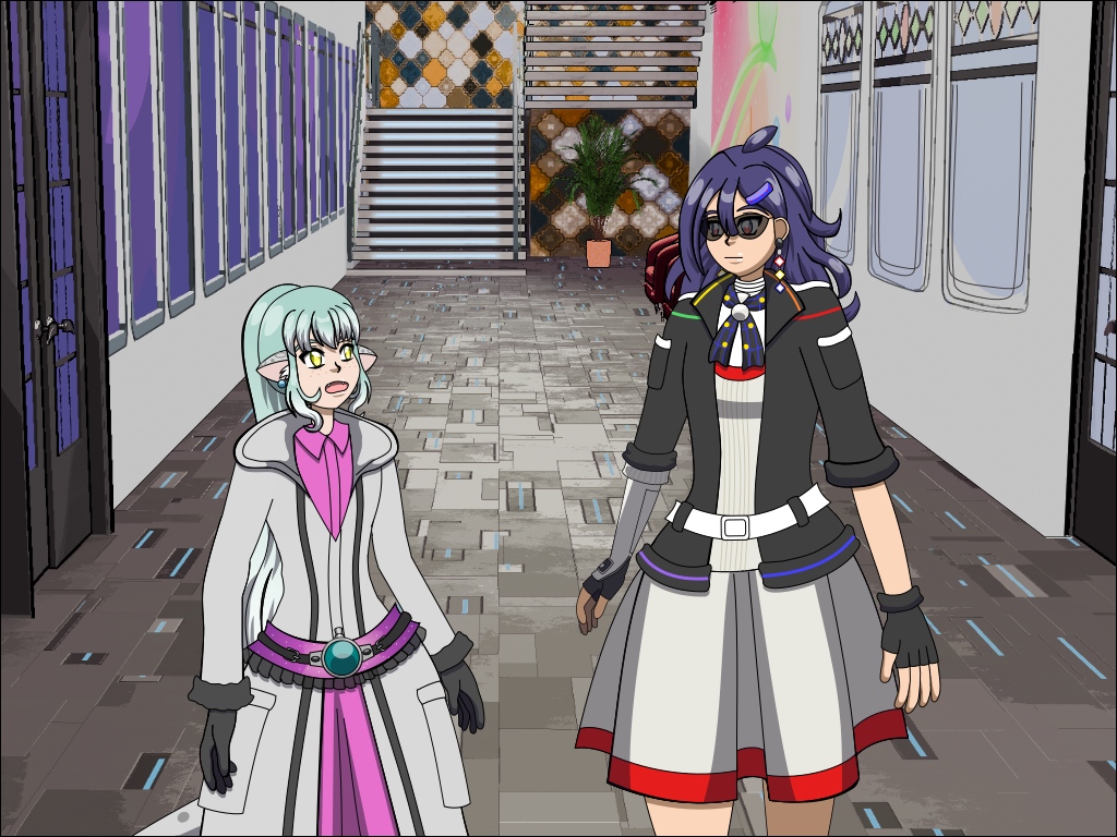 Image Description: An illustration of Marcia and Antares walking through a hall. Along the left side of the wall are several vertical windows, and a door which leads out to a courtyard. Along the right side is a door to the cafeteria, with 3 windows on each side. The cafeteria windows have a red and green Art Deco-style stained glass decoration along the top. Further in the back along that wall is a colorful mural. Furthest in the background is a staircase, and a patterned accent wall. The accent wall has tiles in several colors while the other walls are white and the floor has gray panelling with glowing blue lines that run in parallel to the panels. Marcia is still wearing her Assassin's Creed II-inspired longcoat over a pink minidress with dark gray leggings. Antares is wearing a Bauhaus-style minidress with sunglasses and a biker jacket. 