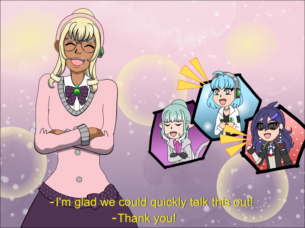 An illustration of Pearl cheerfully posing with her arms folded. The background is abstract with a light pink to purple gradient with light yellow bubbles and faded white polka dots. To the right of her are chibis of Marcia, Fiore and Antares, who are cheering for her. The caption reads 'I'm glad we could quickly talk this out!' And below it, it reads 'Thank you!', however the context is that the other three are thanking Pearl for de-escalating an argument they witnessed.