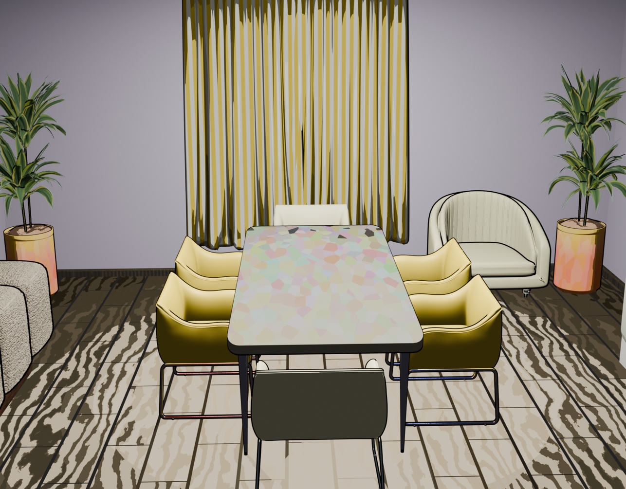 Image Description: A 3D render of a meeting room. It has a minimalist-leaning modern style. The table is in front of the window, which is covered by curtains; the table is beige with a voronoi pattern, the chairs to the front and back are beige, and the chairs to the side are bright yellow. The curtains have yellow and white stripes, and the arm chair by the window is beige. The floor has light brown planks. To the left, a glimpse of a beige plush bench can be seen. In both corners are plants with orange pots. 