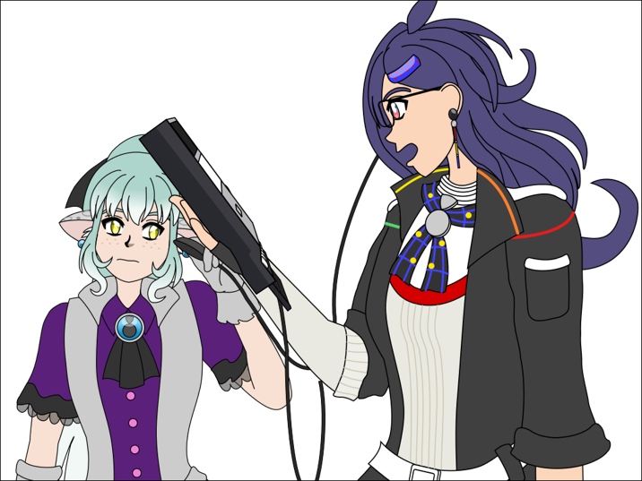 Image Description: An illustration of Marcia (left) and Antares (right) preparing to listen to something on cassette. Antares is holding a tape recorder, and Marcia is holding one of the earphones in a wired earphone pair. Both characters look like they’re anticipating something serious or mind-blowing.