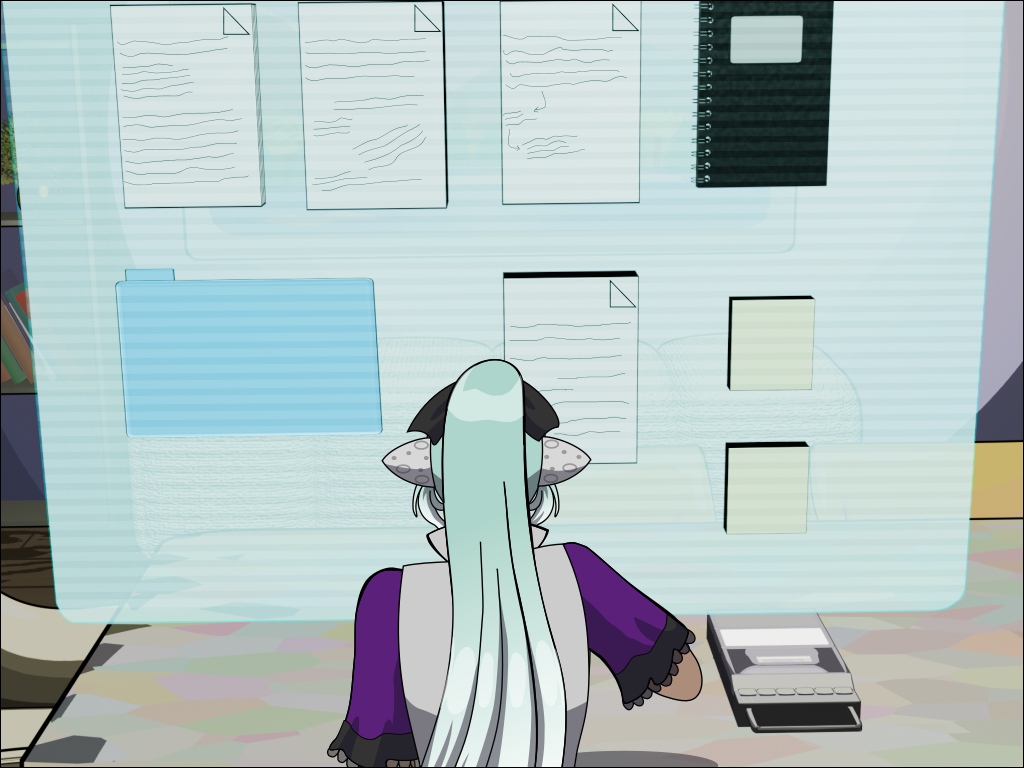 Image Description: Clarkia is posing while she holds a spray bottle in one hand and has her other hand on her hip. She has a serious expression. Next to her, Mi-ho appears in a chibi form, confidently posing with one pointer finger up in the air and with a mischievous and playful expression. The caption reads 'Messes don't take a break, nor work around our schedules', at the top and below it reads 'It's hard to argue against that! Give me some cleaning supplies, and we can take on those messes with style together!'