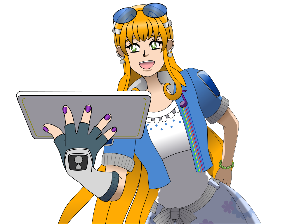 Image Description: A partially shaded vector drawing of Ruby. She is posing with one hand on her waist and the other holding out a tray in front of the camera.
