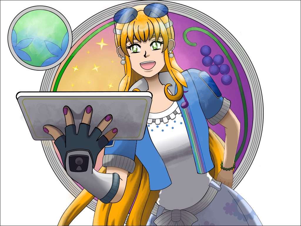 Image Description: Ruby posing while she is holding a plate. She is posed with her left hand on her hip and further away from the camera, she is leaned forward a bit and her right arm is stretched out towards the camera and holding the plate. From the camera angle, the contents of the plate aren't clear. The background is contained to a large circle and a small circle and are in an Art Nouveau style.