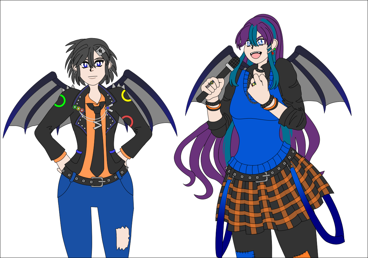 Image Description: Unshaded vector drawings of Priscilla (left) and Marilyn (right) as performers in their band/team. Priscilla has short black hair that is spiked, and has hair clips to keep her bangs out of her eyes. She has dark blue eyes, and is wearing a black tie, orange button-down shirt, black blazer with a studded belt and blue jeans. Her blazer has spikes, studs and metal jewelry added to it. Marilyn is taller and has waist-length wavy purple hair with teal streaks and has blue eyes. She is wearing a blue sweater vest with a black button-down shirt, and an orange and black plaid skirt with black jeans. The sleeves of her shirt are rolled up just below her elbows to show off her bracelets which include black studded wristbands. She is also wearing a chain necklace, and her jeans have patches on them.