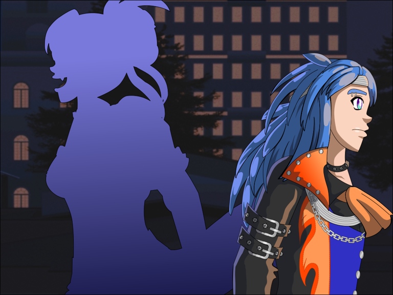 Image description: Lorraine and Wolfgang in side views in opposite directions. Lorraine appears as a silhouette but is shown to have her hair tied in a messy bun and is wearing a gown. Wolfgang's appearance is fully shown; he has mid back-length blue hair, green eyes with purple highlights, is wearing a black button-down shirt with a blue vest, a black overcoat, orange neckerchief around his shirt collar, and wearing a studded black collar. The lapel of his overcoat is orange and lined with rivets, the front has an orange flame pattern down the middle, and it has a pair of studded belts on the upper sleeves.