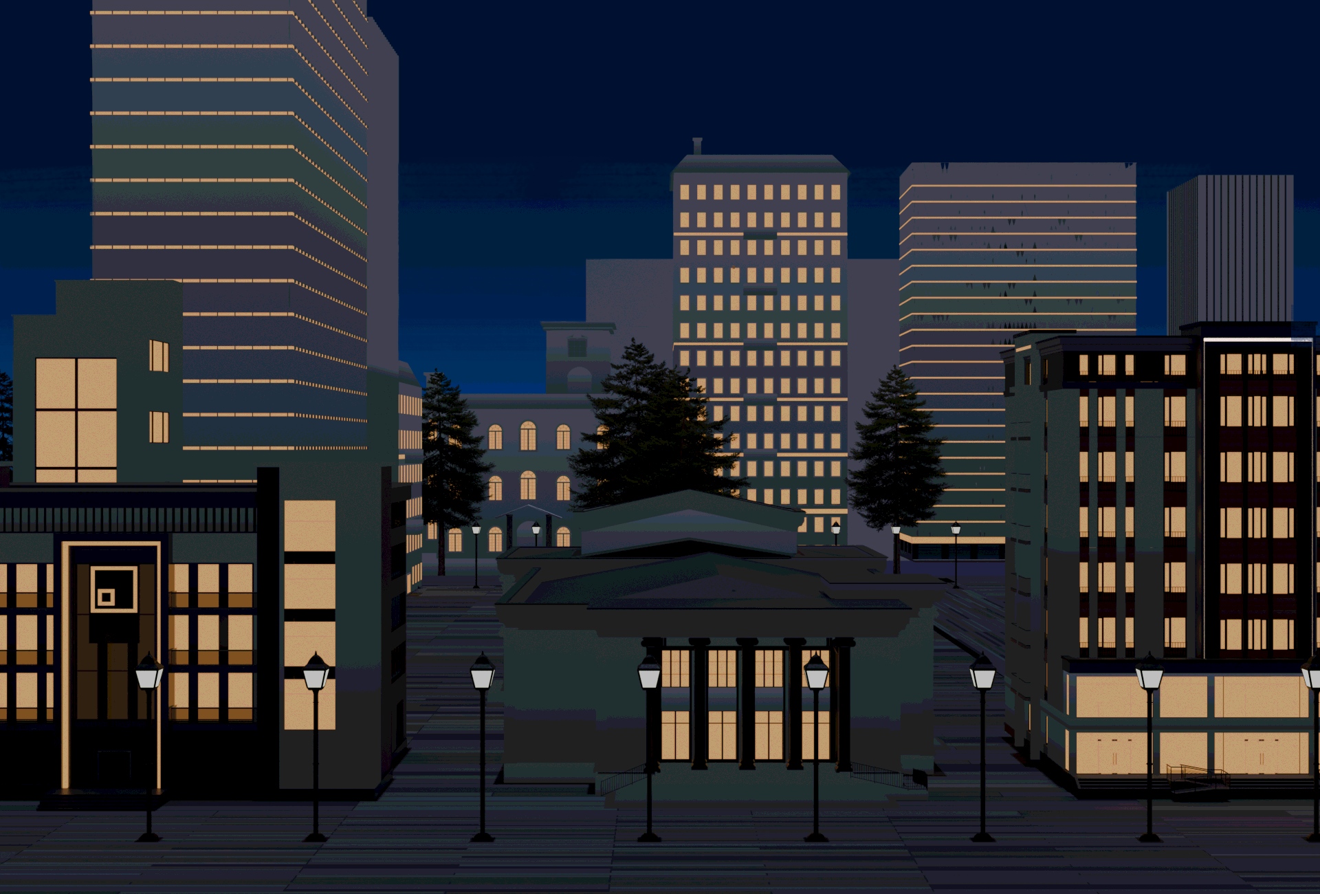 Image description: A 3D render of a city block at night. Its colors are stylized with a palette of black, blue, orange and white; the buildings appear dark gray with orange windows, and white lights from street lamps against a  blue night sky. The scene's colors were altered with a posterize effect to be flatter and more abstract, and watercolor effects were painted into the sky.