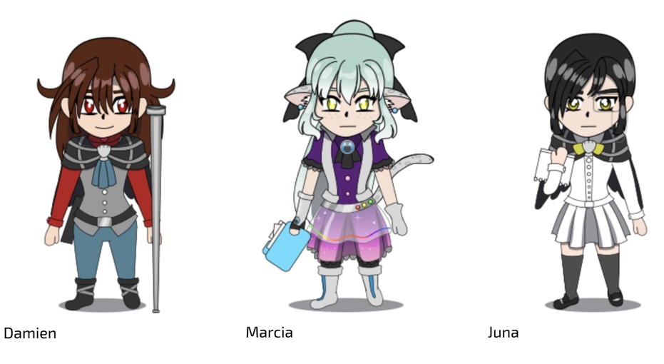 Image Description: A line-up of three Operating Superstars characters in a chibi style, lined up side by side. From left to right are Damien, Marcia and Juna