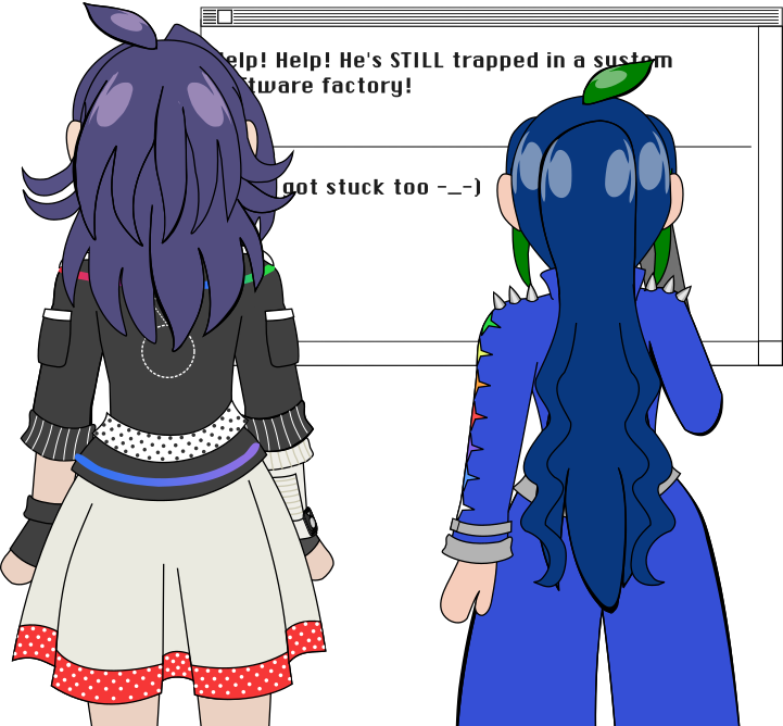 Image description: Antares and Pleiades standing from the back view looking at a large holographic screen with a message that reads 'Help Help! He's STILL trapped in a system software factory!' With an extra message sent after below it that reads 'P.S: We got stuck too -_-'; some of the text is visible to the reader. Pleiades is facepalming.