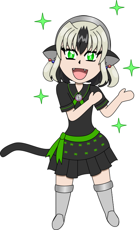 Image description: A chibi illustration of Petunia standing and cheerfully gesturing as if she is presenting something. She has short platinum blonde hair with black sections, has green eyes, black cat ears and a tail, and is wearing a black and green 1970's nautical-style dress with silver boots and a headband. She is wearing a silver circular brooch with a green ribbon, and is wearing a green sash around her waist.