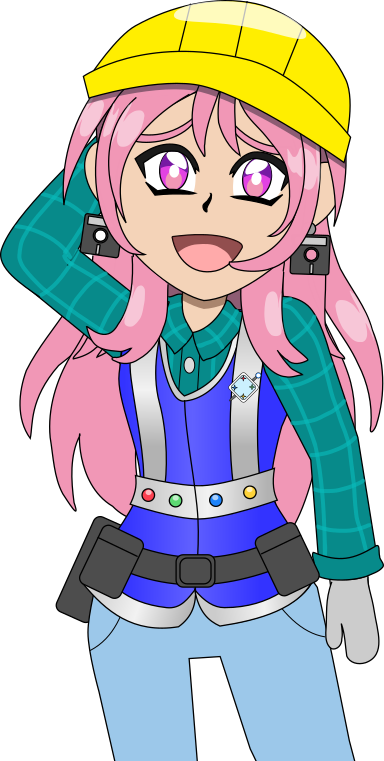 Image Description:Kyouko standing, with one hand behind her head in a nervous gesture. She looks nervous while she tries to improvise something. She is dressed as a construction worker with an outfit in the Windows 95 color scheme