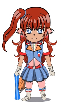 Image description: A chibi overworld 'sprite' of Lorraine. She has blue eyes, has long wavy brick red hair, orange fox ears and tail and is wearing a light red jumpsuit under a blue and white jacket and a blue mini-skirt. She is wearing glassy red earrings. Her hair is mostly down but tied into a small ponytail on her right side. Her jacket is blue with white sleeves, red cuffs, and multicolor lapels; the top lapels have a red and white checkerboard pattern and the bottom are orange. Her skirt is the same shade of blue as her jacket and has a red studded belt. She wears beige boots and gloves; her boots have a blue strap at the top with a red strap below them, and a beige strap at the bottom. In her right hand she is holding a foam baseball bat. On her jacket she has a blue floppy disk pin with a red ribbon and the disk is based on the Amiga Kickstart screen.