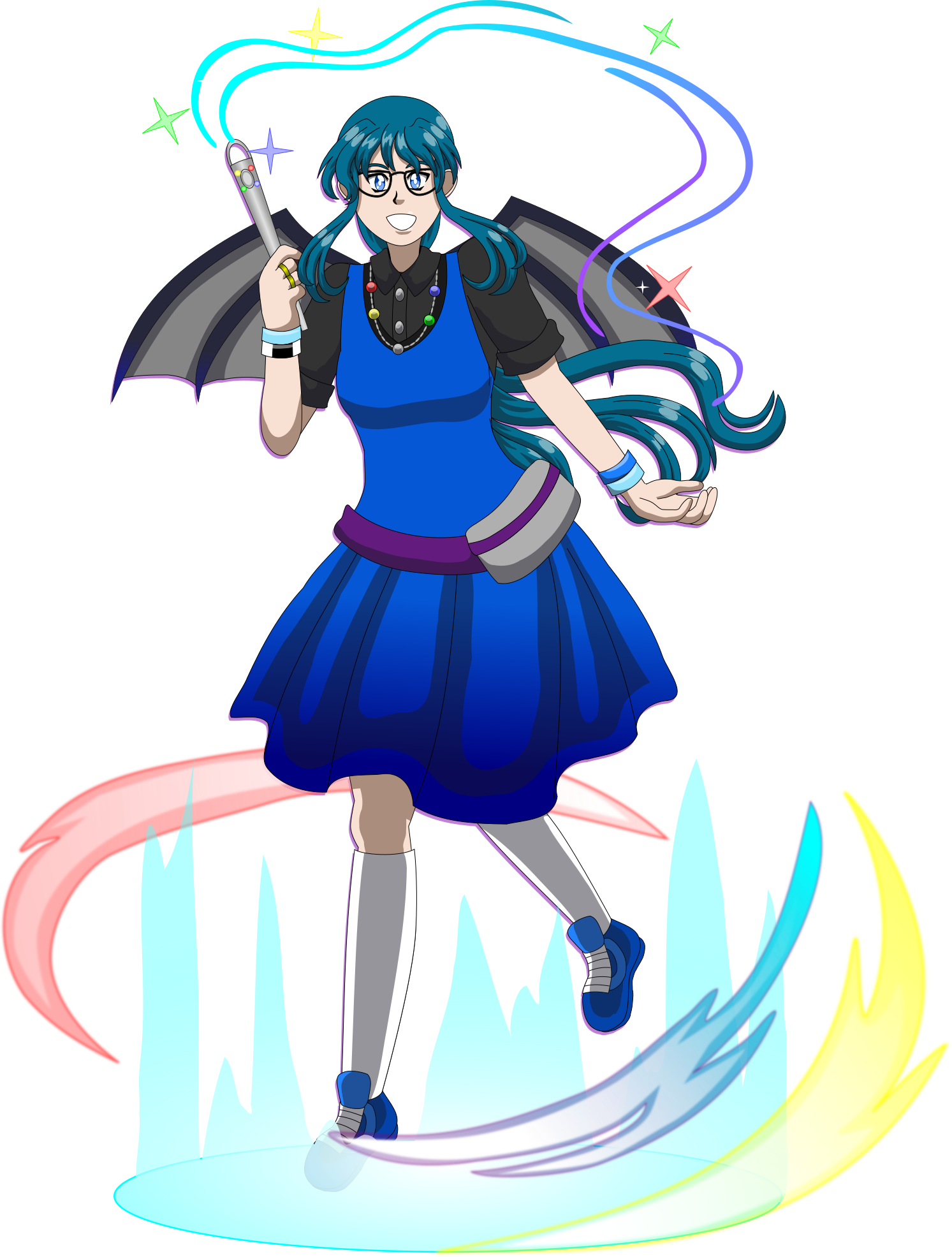 Image Description: A portrait of Marilyn's Version 2 design. She has long teal hair in a ponytail, has blue eyes and wears thick-framed glasses. She wears a knee-length blue sleeveless dress with a black button-down shirt underneath it, with knee-length white socks, blue sneakers, and a purple and gray belt bag. She wears a necklace with five beads on it in the multicolor OS/2 2.x logo, and she has a pair of bat wings. She is holding a pair of knitting needles with 5-colored gems on them, and is levitating magical threads.