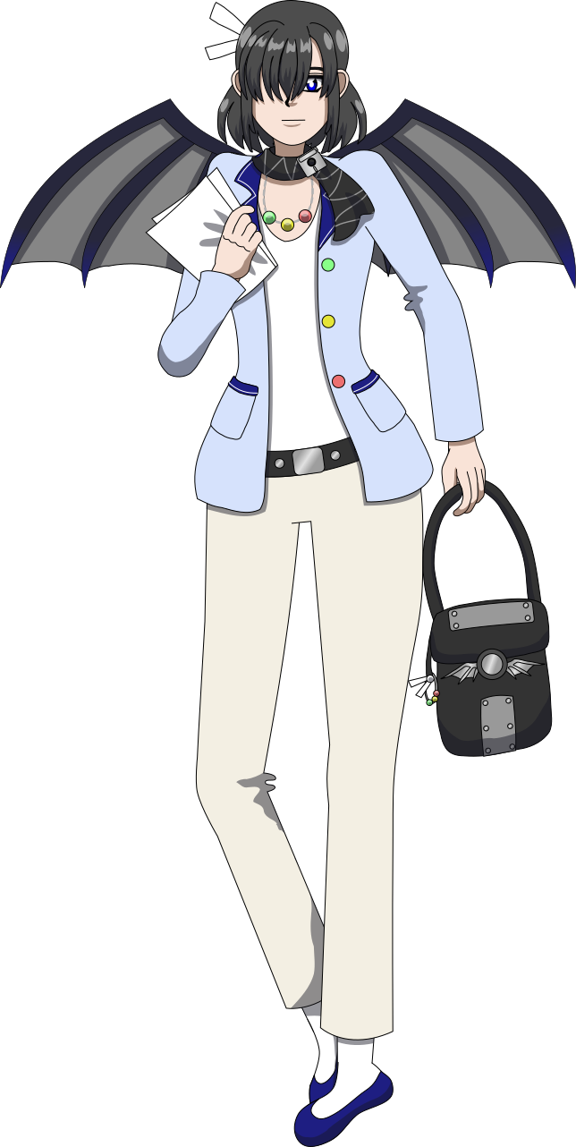 Image Description: A full-body portrait of Priscilla's Version 2 design. She has bat wings and dresses in business casual fashion with goth elements; she wears a white shirt with a black scarf, a light blue blazer, light beige dress pants, white socks and dark blue flats. Her blazer has dark blue lapels and pocket flaps with white stripes, and has three round buttons in green, yellow and red. Her scarf has a gray zig-zag pattern on it and is pinned together with metal floppy disk-shaped pin.
